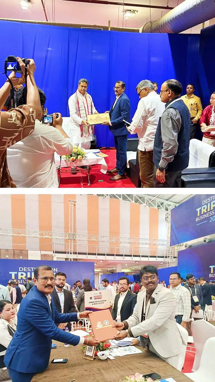 Memento and agreement exchanges at the Destination Tripura Business Summit, including one covering urban development and real estate.