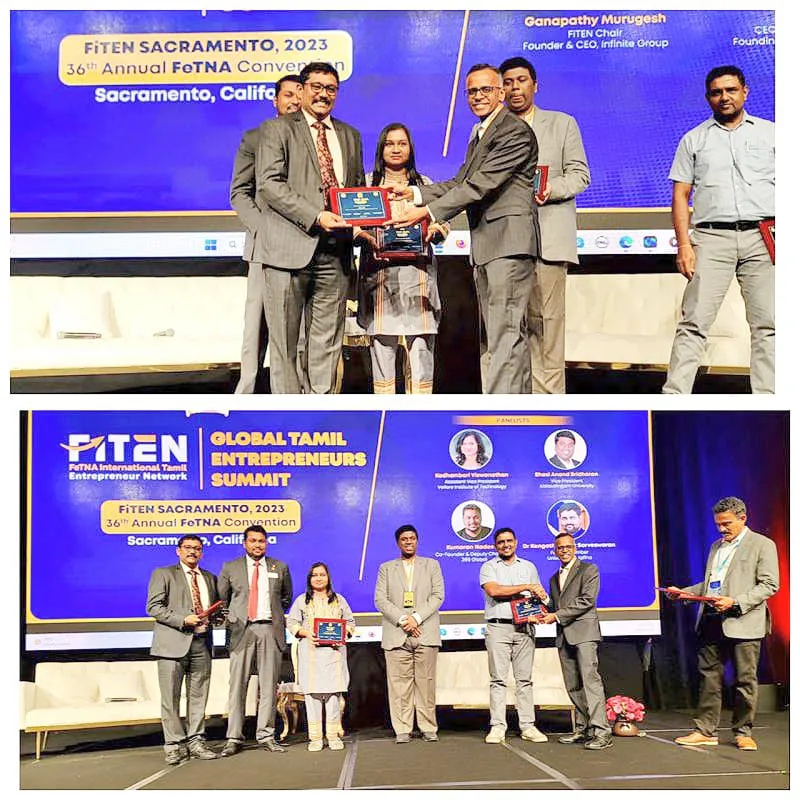 Panellists receiving commemorative plaques on stage at the FiTEN Sacramento 2023 Global Tamil Entrepreneurs Summit.
