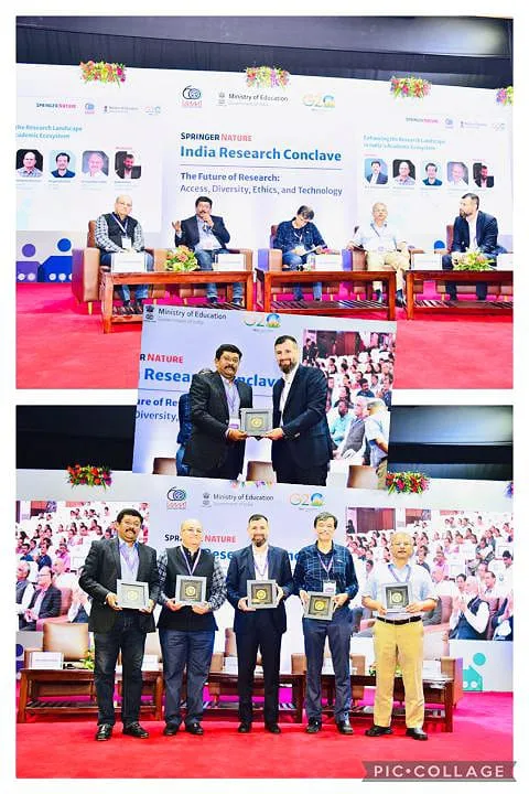 Speakers being felicitated with mementos on stage at the Springer Nature India Research Conclave.