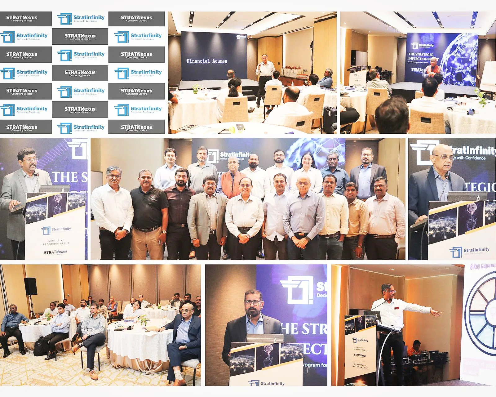 Highlights from The Strategic Inflection Point, StratInfinity's exclusive leadership series for GCC leaders run with STRATNexus — a Financial Acumen session, delegates at the tables, speakers at the podium, and the full cohort's group photograph.