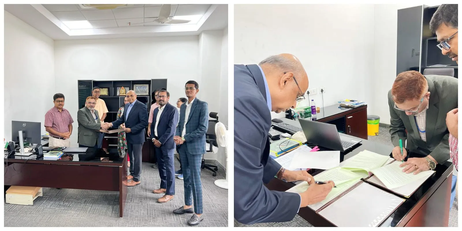 An agreement being signed and exchanged in an office, witnessed by colleagues.